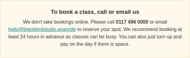 A notice reading: we don't take bookings online, please call or email