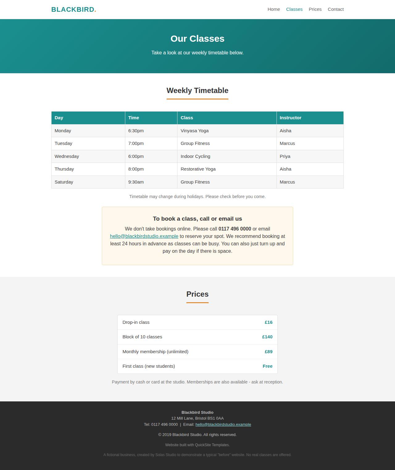 Desktop view of the classes page