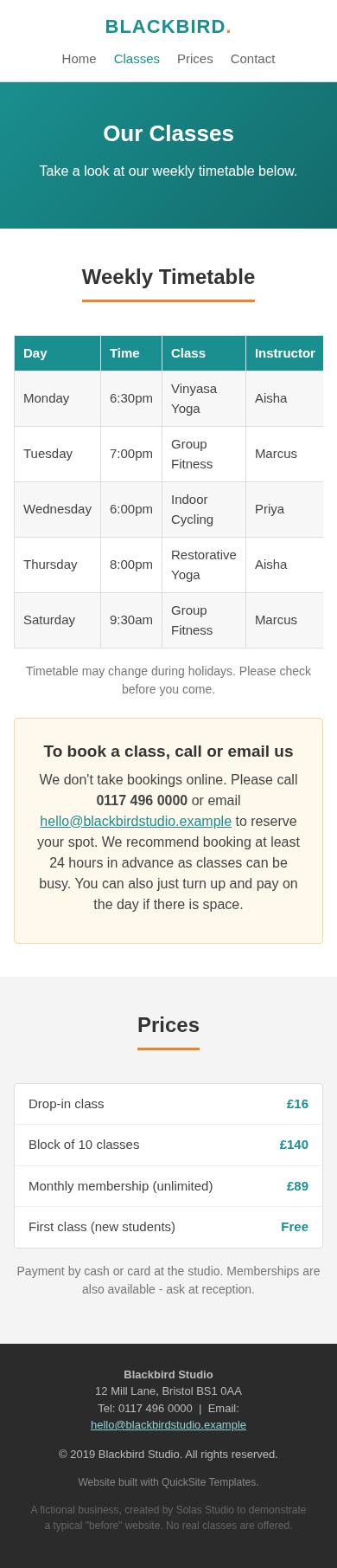 Mobile view of the classes page